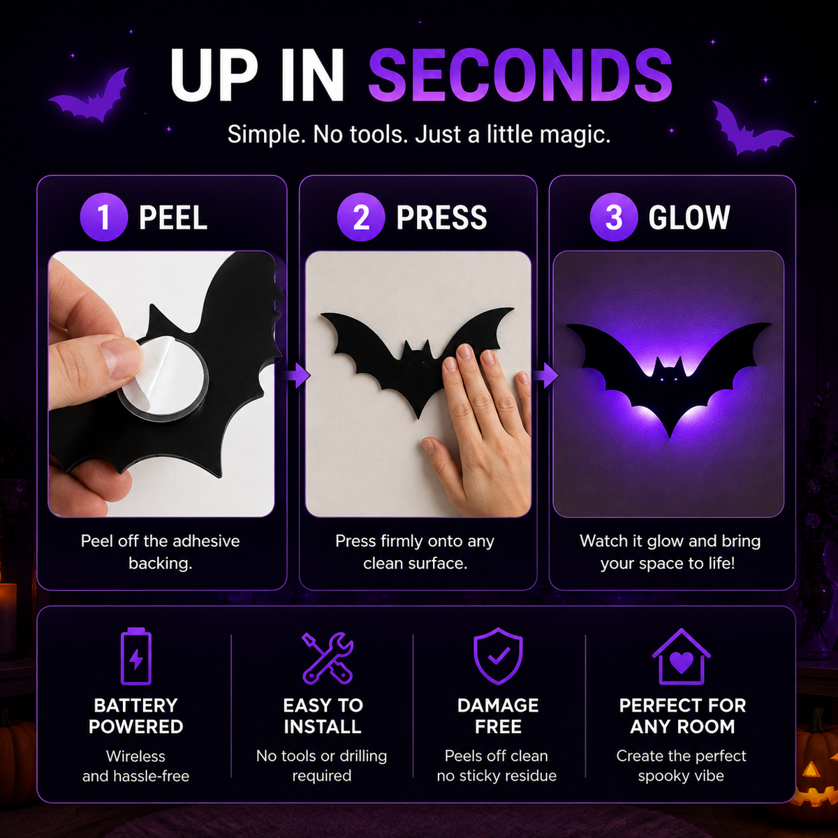 Glow Bats Light-Up 3D Wall Decor for Halloween