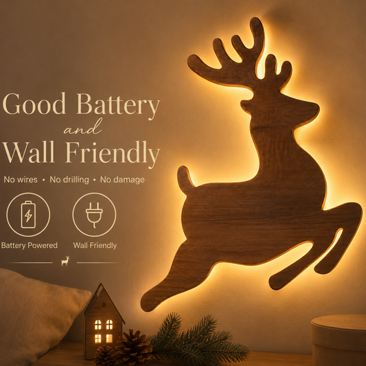Wooden Reindeer LED Wall Light — No Wires, No Drilling